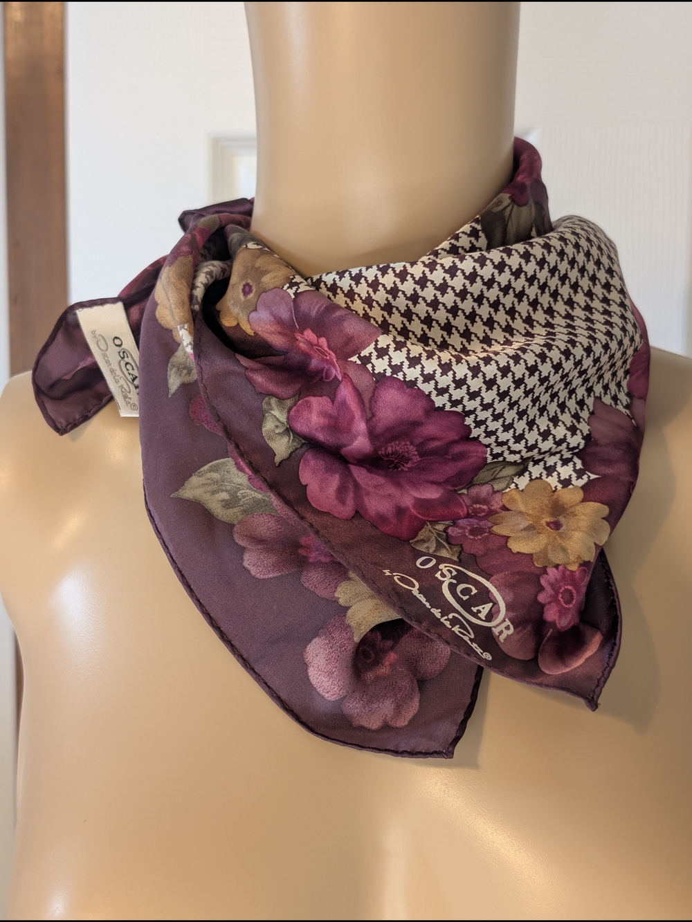 Vintage Oscar de la Renta Plum Floral & Houndstooth 100% Silk Square Scarf